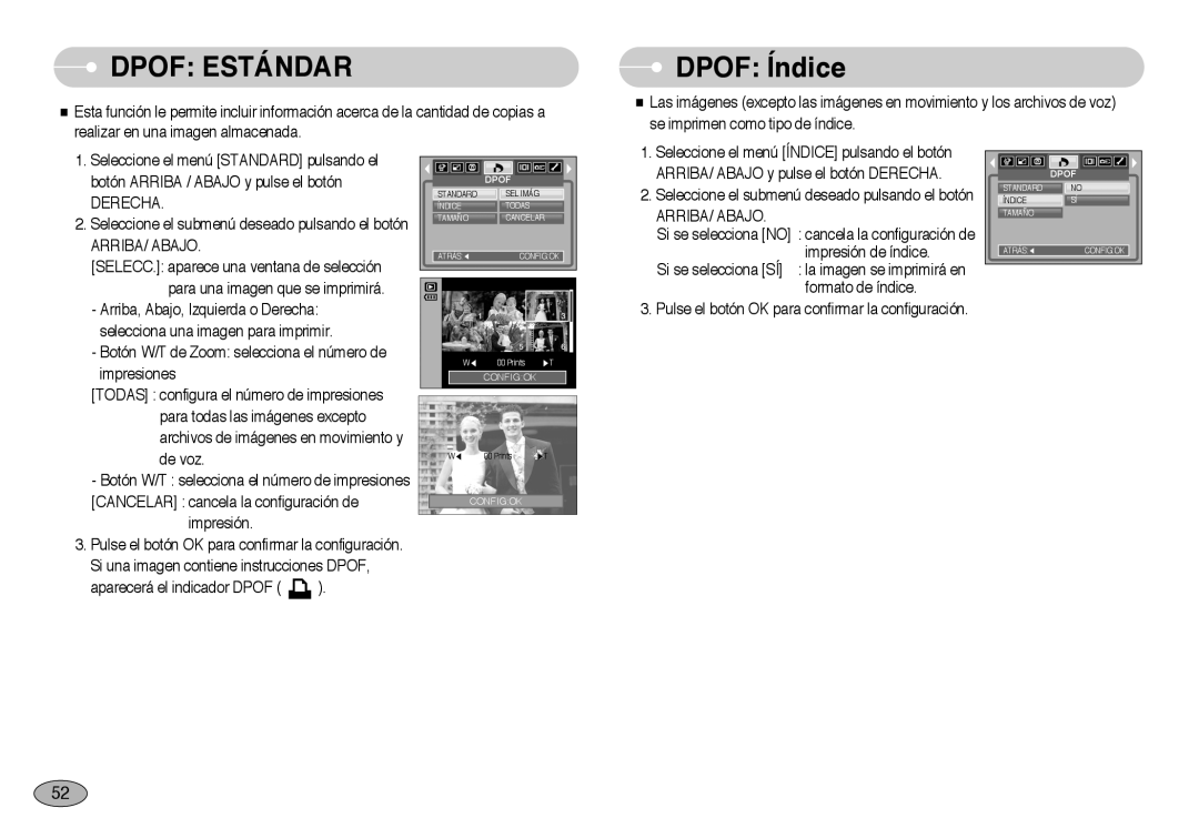 Samsung EC-NV3ZZBBA/PT, EC-NV3ZZSBA/E1 manual Dpof Índice, Seleccione el submenú deseado pulsando el botón, ARRIBA/ Abajo 