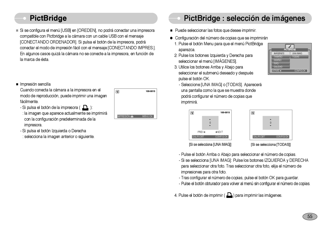 Samsung EC-NV3ZZSBA/E1, EC-NV3ZZBBD/E1, EC-NV3ZZSBA/DE, EC-NV3ZZBBA/SP manual PictBridge PictBridge selección de imágenes 