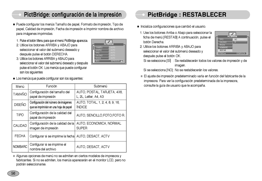 Samsung EC-NV3ZZBBD/E1, EC-NV3ZZSBA/E1, EC-NV3ZZSBA/DE, EC-NV3ZZBBA/SP, EC-NV3ZZBBA/PT, EC-NV3ZZBBH/E1 PictBridge Restablecer 