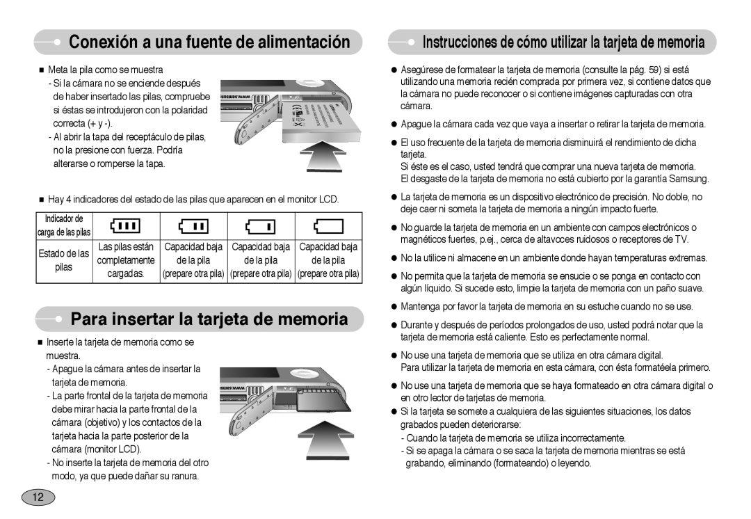Samsung EC-NV3ZZBBA/AS manual Para insertar la tarjeta de memoria, Instrucciones de cómo utilizar la tarjeta de memoria 