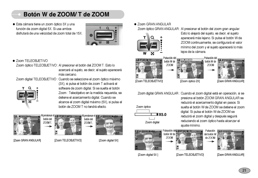 Samsung EC-NV3ZZBBD/E1, EC-NV3ZZSBA/E1, EC-NV3ZZSBA/DE, EC-NV3ZZBBA/SP, EC-NV3ZZBBA/PT manual Botón W de ZOOM/ T de ZOOM 