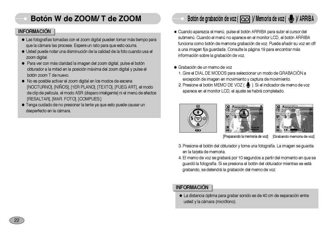 Samsung EC-NV3ZZSBA/DE manual Botón de grabación de voz / Memoria de voz / ARRIBA, Botón W de ZOOM/ T de ZOOM, Información 