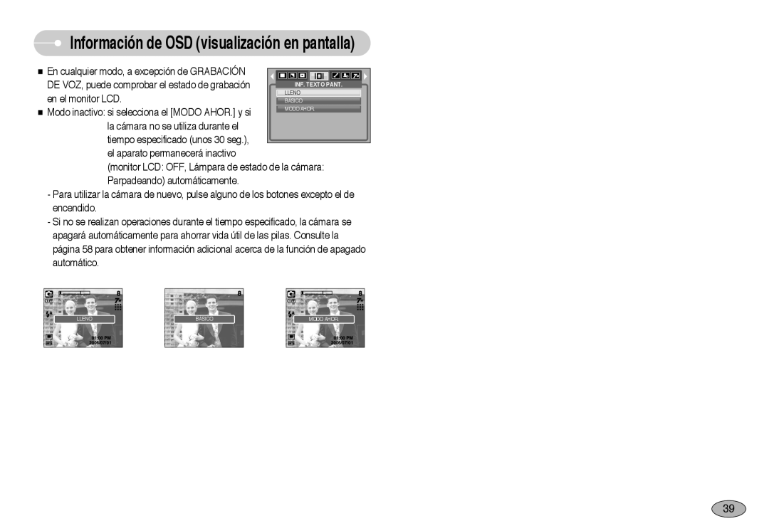 Samsung EC-NV3ZZBBH/E1, EC-NV3ZZSBA/E1 manual Información de OSD visualización en pantalla, Lleno, Básico, Modo Ahor 
