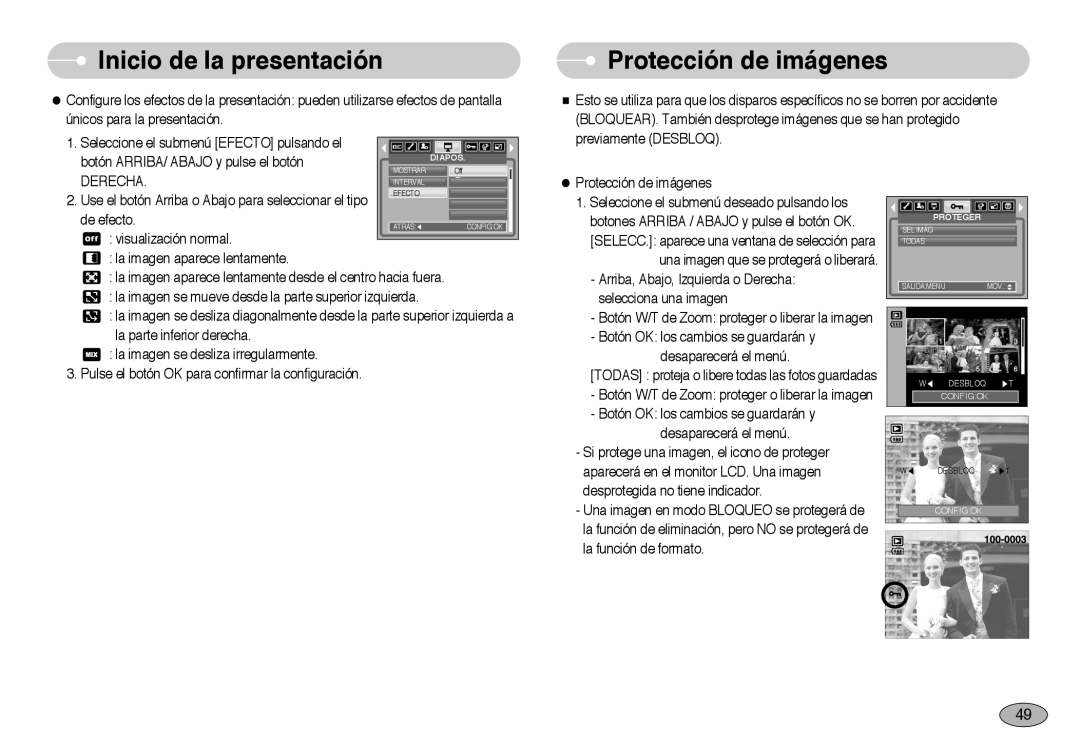 Samsung EC-NV3ZZBBD/E1, EC-NV3ZZSBA/E1, EC-NV3ZZSBA/DE manual Protección de imágenes, Inicio de la presentación, Efecto 