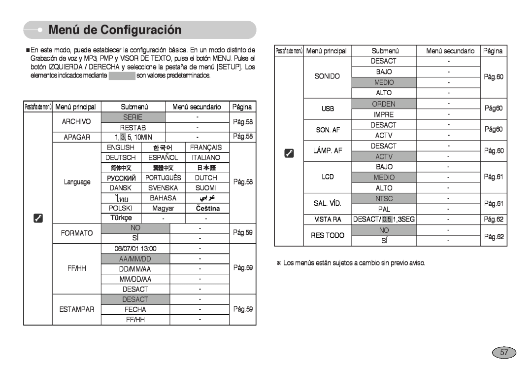 Samsung EC-NV3ZZSBA/DE, EC-NV3ZZSBA/E1, EC-NV3ZZBBD/E1, EC-NV3ZZBBA/SP, EC-NV3ZZBBA/PT manual Menú de Configuración, Apagar 