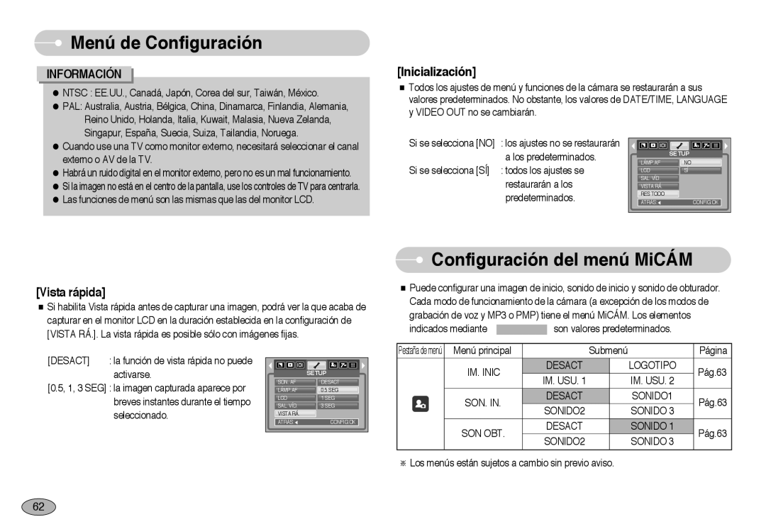 Samsung EC-NV3ZZSBA/E1 Configuración del menú MiCÁM, Inicialización, Vista rápida, Menú de Configuración, Información 
