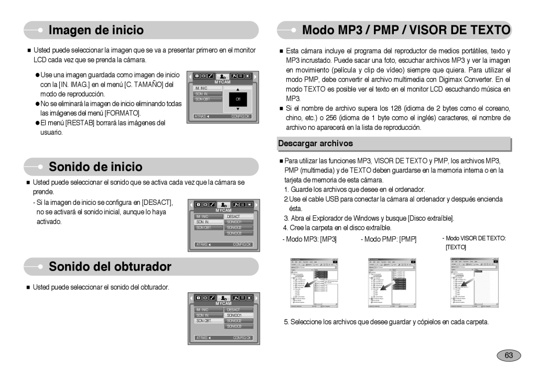 Samsung EC-NV3ZZBBD/E1 manual Imagen de inicio, Modo MP3 / PMP / VISOR DE TEXTO, Sonido de inicio, Sonido del obturador 