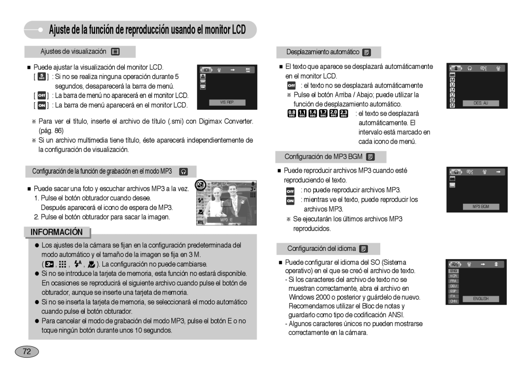 Samsung EC-NV3ZZBBA/SP Información, Ajuste de la función de reproducción usando el monitor LCD, DES. AU MP3 BGM, English 