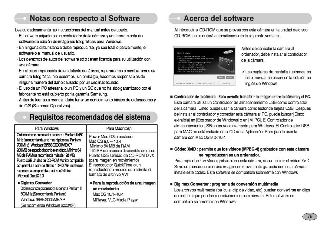 Samsung EC-NV3ZZBBA/SP manual Notas con respecto al Software, Acerca del software, Requisitos recomendados del sistema 