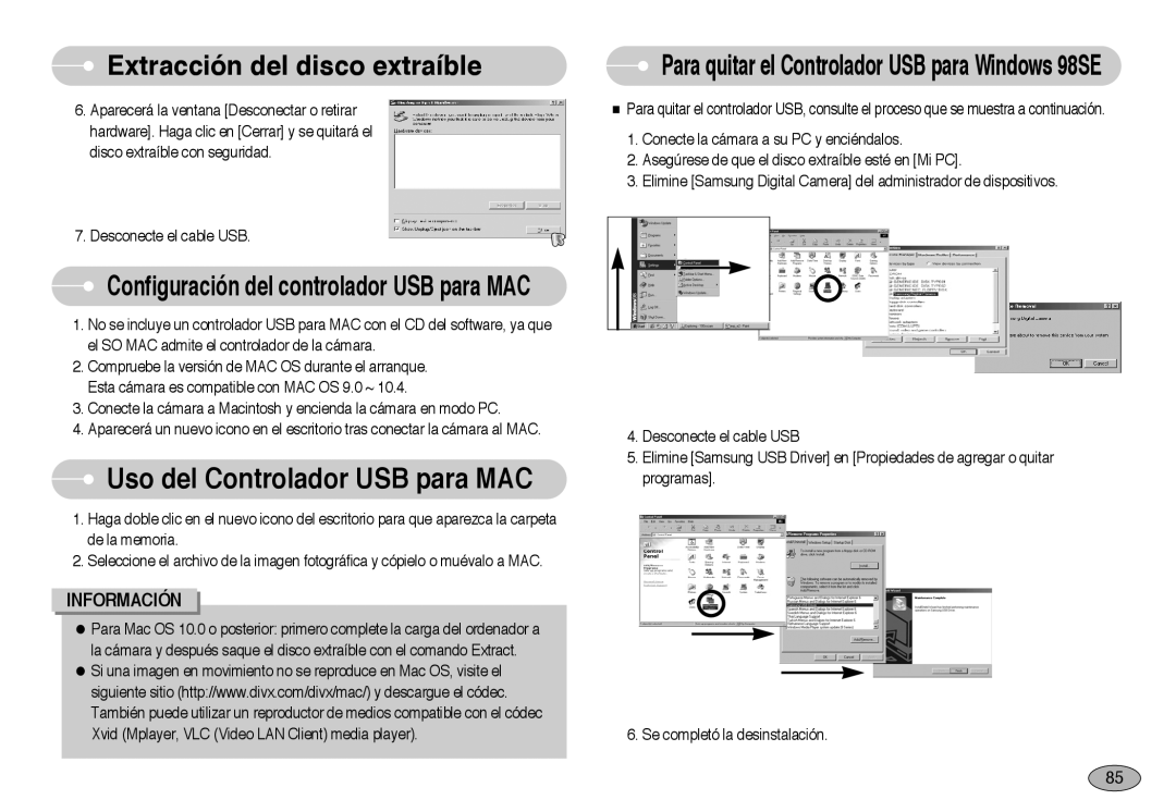 Samsung EC-NV3ZZSBA/DE manual Uso del Controlador USB para MAC, Configuración del controlador USB para MAC, Información 