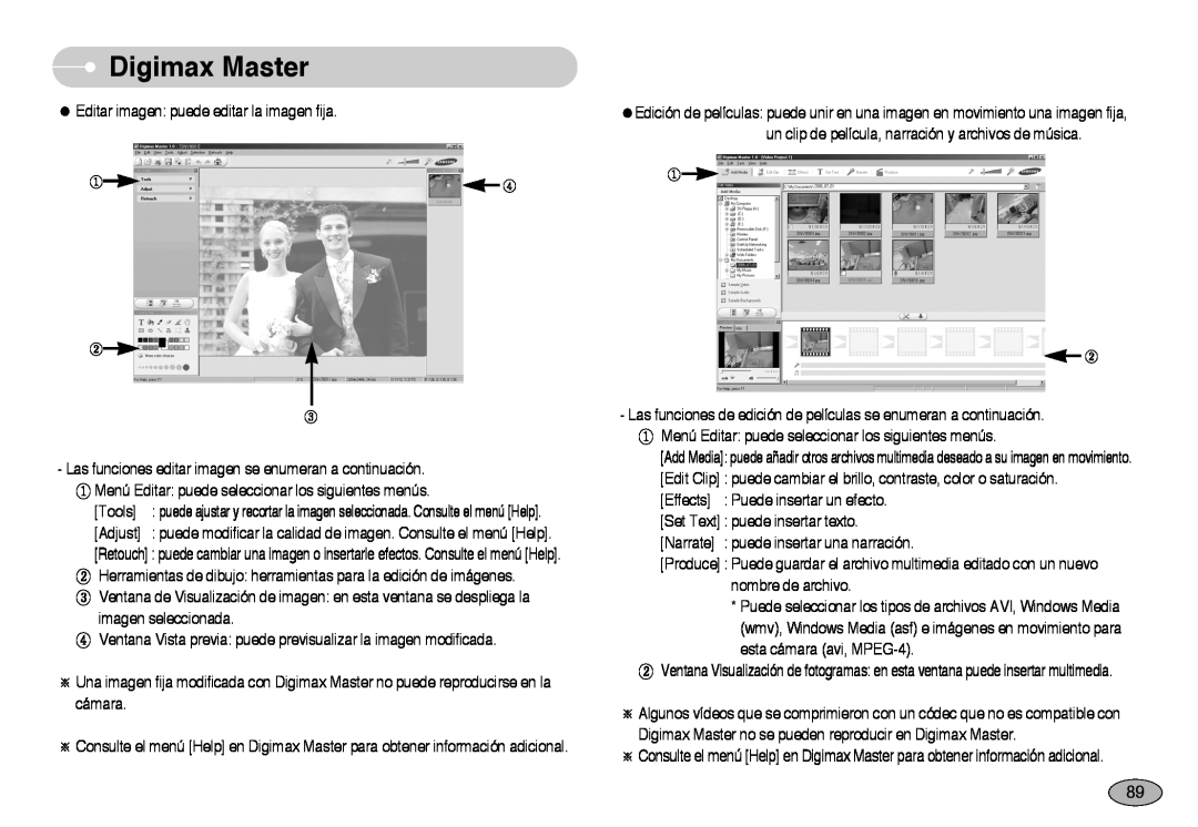 Samsung EC-NV3ZZBBA/AS manual Digimax Master, Retouch puede cambiar una imagen o insertarle efectos. Consulte el menú Help 