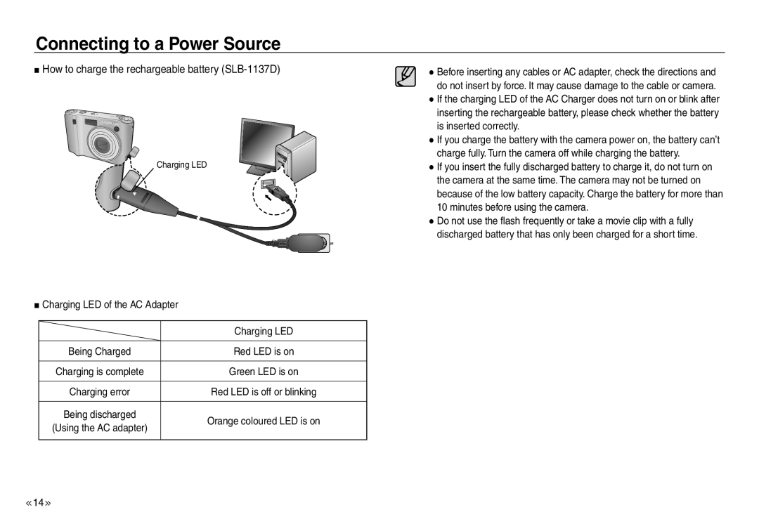 Samsung EC-NV40ZBBA/AS manual How to charge the rechargeable battery SLB-1137D, Connecting to a Power Source, Charging LED 