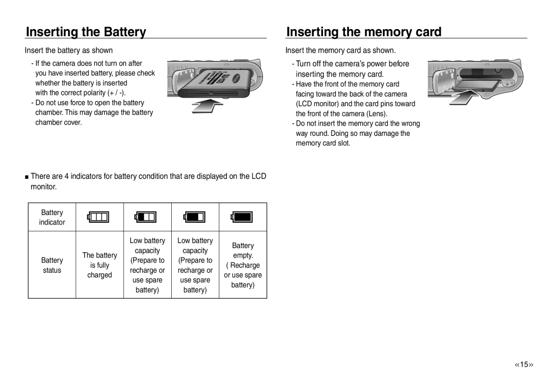 Samsung EC-NV40ZSDA/AS, EC-NV40ZBBA/FR manual Inserting the Battery, Inserting the memory card, Insert the battery as shown 