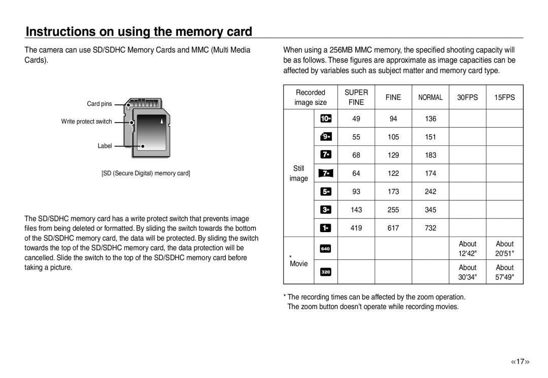 Samsung EC-NV40ZBDB/AS, EC-NV40ZBBA/FR manual The camera can use SD/SDHC Memory Cards and MMC Multi Media Cards, Normal 