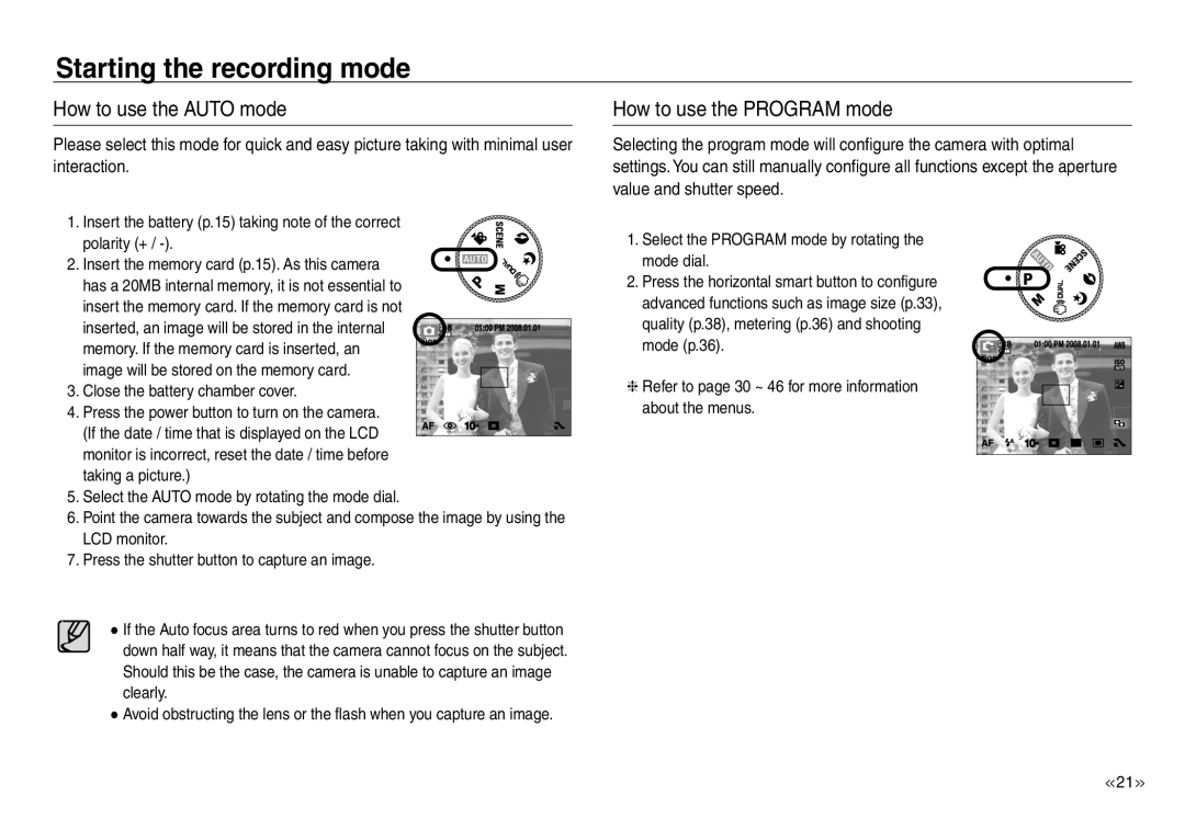 Samsung EC-NV40ZSDC/AS, EC-NV40ZBBA/FR Starting the recording mode, How to use the AUTO mode, How to use the PROGRAM mode 