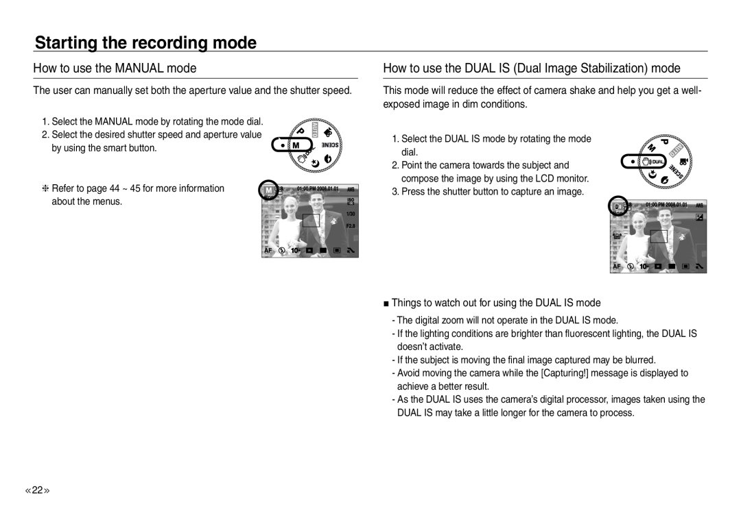 Samsung EC-NV40ZBDC/AS, EC-NV40ZBBA/FR How to use the MANUAL mode, How to use the DUAL IS Dual Image Stabilization mode 