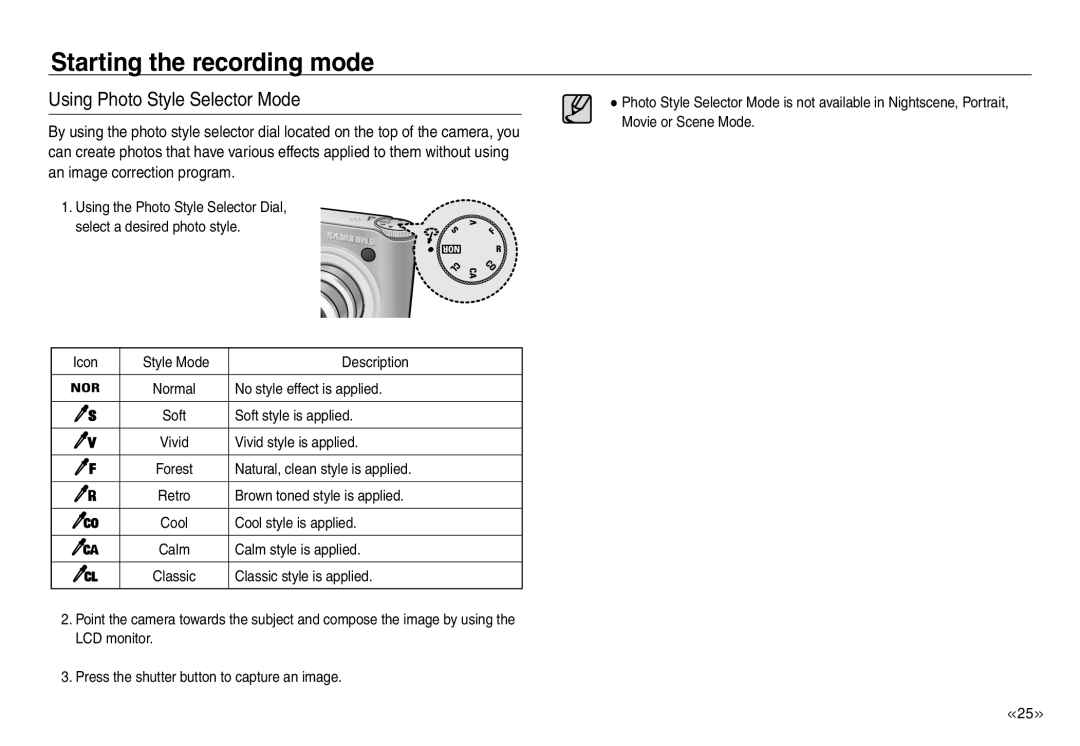 Samsung EC-NV40ZBBA/LV, EC-NV40ZBBA/FR, EC-NV40ZSDA/E3 manual Using Photo Style Selector Mode, Starting the recording mode 