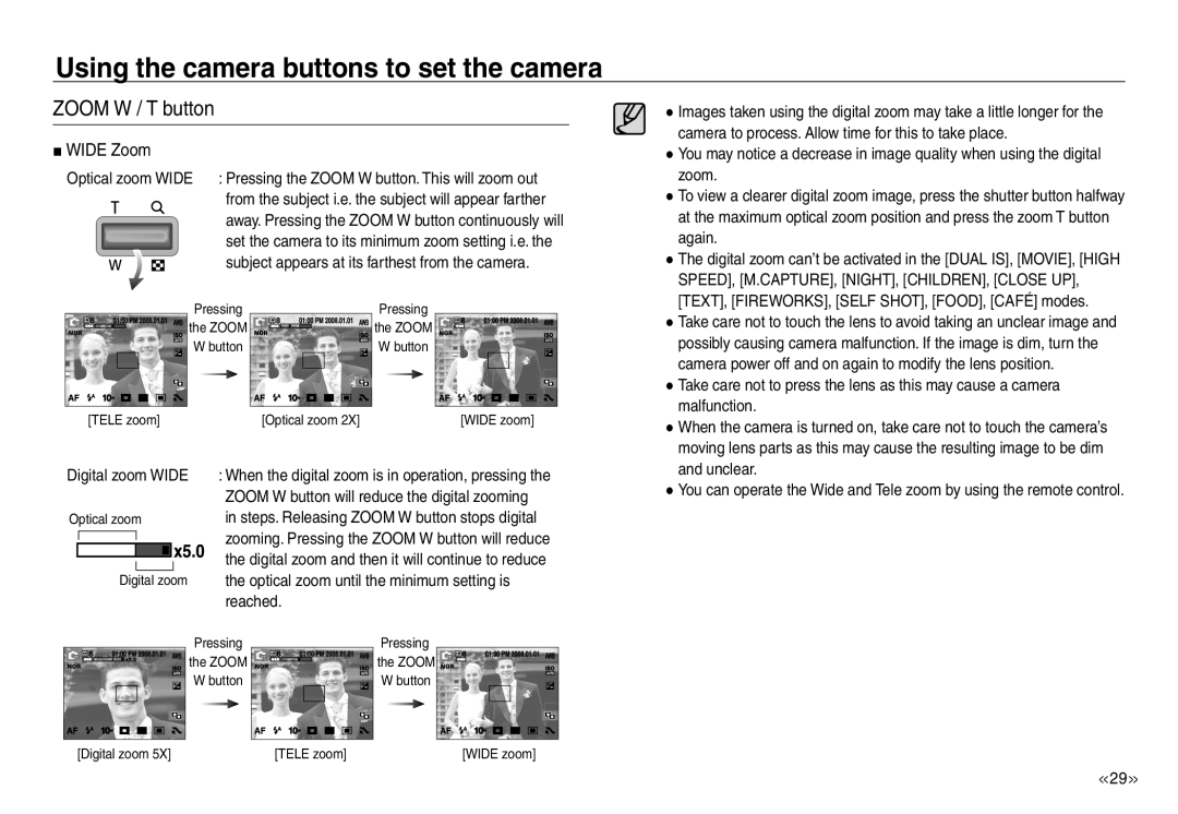 Samsung EC-NV40ZSDA/E3, EC-NV40ZBBA/FR manual WIDE Zoom, Using the camera buttons to set the camera, ZOOM W / T button 
