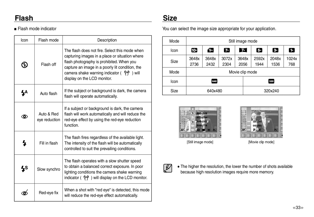 Samsung EC-NV40ZSBA/E2 manual Size, Flash mode indicator, You can select the image size appropriate for your application 