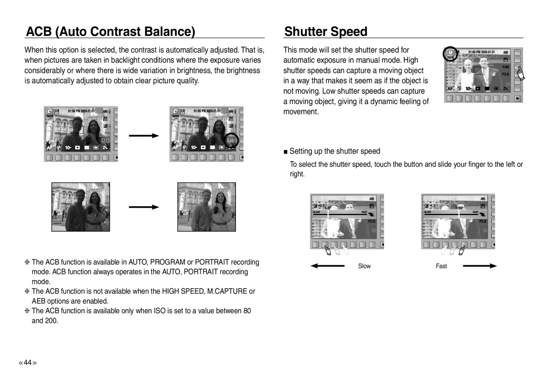 Samsung EC-NV40ZSDA/AS, EC-NV40ZBBA/FR manual ACB Auto Contrast Balance, Shutter Speed, Setting up the shutter speed 