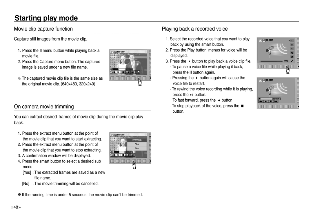 Samsung EC-NV40ZBDA/AS manual Movie clip capture function, On camera movie trimming, Playing back a recorded voice 