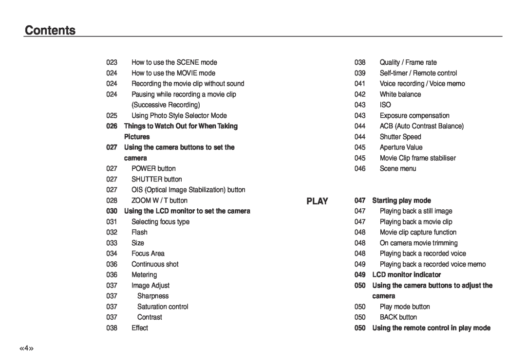 Samsung EC-NV40ZSBA/E2 manual Play, Contents, Using the camera buttons to adjust the, Using the remote control in play mode 