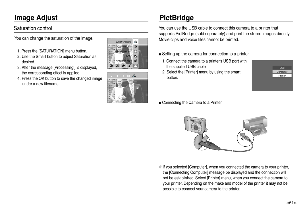 Samsung EC-NV40ZSBA/FR manual PictBridge, Movie clips and voice files cannot be printed, Image Adjust, Saturation control 