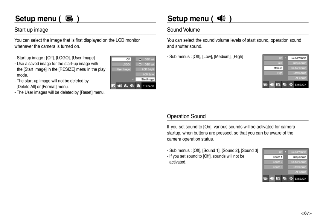 Samsung EC-NV40ZBBB/E1, EC-NV40ZBBA/FR, EC-NV40ZSDA/E3 manual Start up image, Sound Volume, Operation Sound, Setup menu 