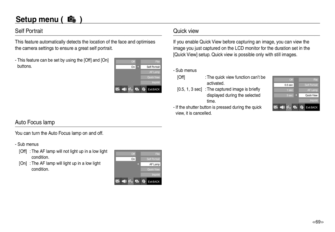 Samsung EC-NV40ZSBB/IT, EC-NV40ZBBA/FR, EC-NV40ZSDA/E3 manual Quick view, Auto Focus lamp, Setup menu, On  Self Portrait 