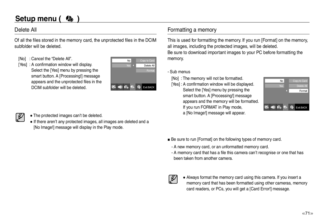 Samsung EC-NV40ZSBC/E1, EC-NV40ZBBA/FR, EC-NV40ZSDA/E3, EC-NV40ZBDA/E3 manual Delete All, Formatting a memory, Setup menu 