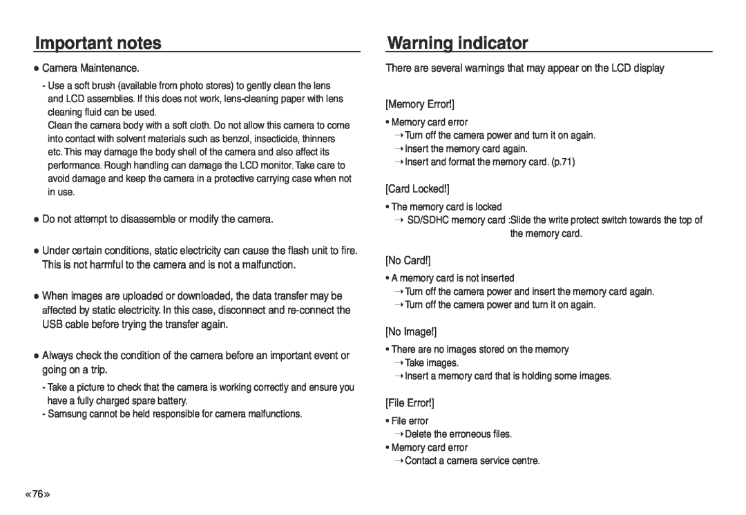 Samsung EC-NV40ZSBB/AS Warning indicator, Camera Maintenance, Do not attempt to disassemble or modify the camera, No Card 