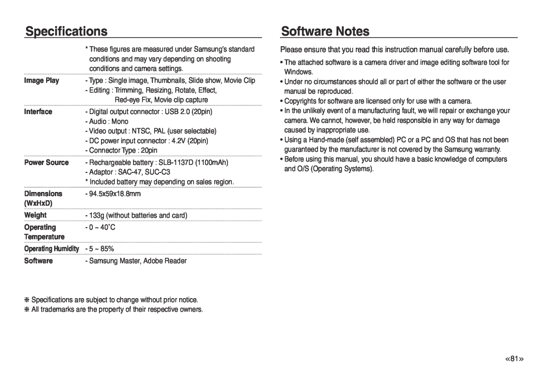 Samsung EC-J45ABDA/EU3 Software Notes, Specifications, Image Play, Interface, Power Source, Dimensions, WxHxD, Weight 