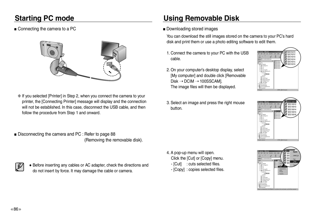 Samsung EC-NV40ZBBA/FR Using Removable Disk, Disconnecting the camera and PC Refer to page, Removing the removable disk 