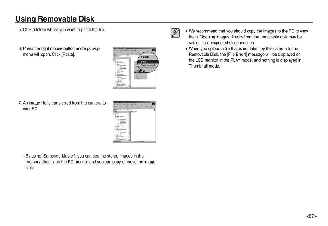 Samsung EC-NV40ZSDA/E3, EC-NV40ZBBA/FR manual Using Removable Disk, Click a folder where you want to paste the file 
