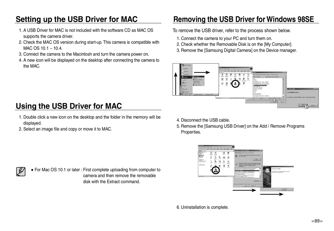 Samsung EC-NV40ZBBA/E2, EC-NV40ZBBA/FR, EC-NV40ZSDA/E3 manual Setting up the USB Driver for MAC, Using the USB Driver for MAC 