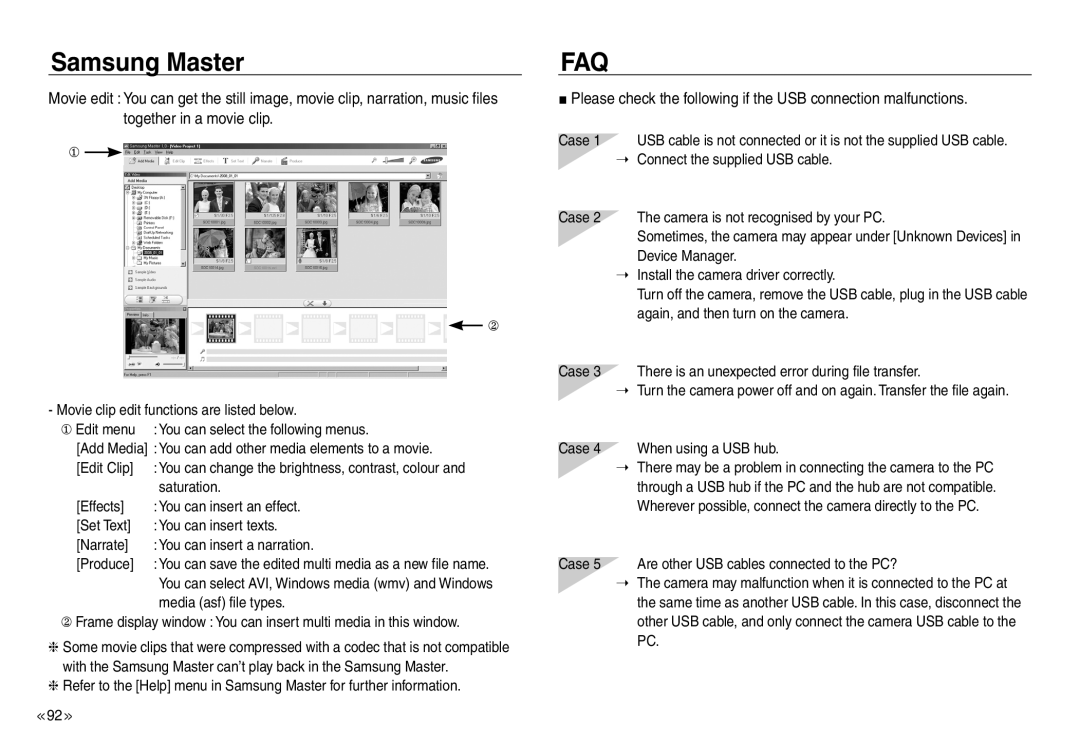 Samsung EC-NV40ZBBB/IT manual Please check the following if the USB connection malfunctions, Samsung Master,  Edit menu 