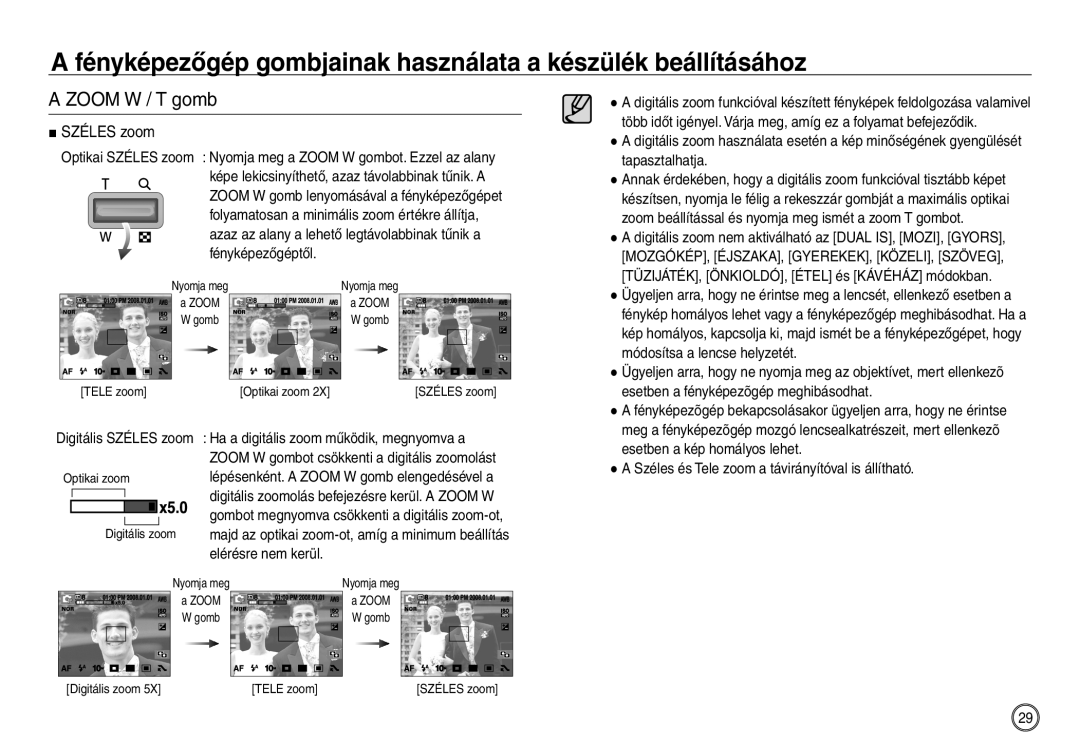 Samsung EC-NV40ZSBA/FR, EC-NV40ZBBA/FR, EC-NV40ZSDA/E3, EC-NV40ZBDA/E3, EC-NV40ZSBB/E1, EC-NV40ZSBA/E1 manual Széles zoom 