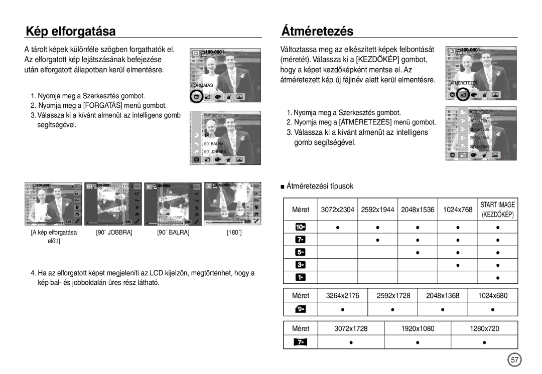 Samsung EC-NV40ZSBB/E1 manual Kép elforgatása Átméretezés, Átméretezési típusok, Nyomja meg a Szerkesztés gombot, Méret 