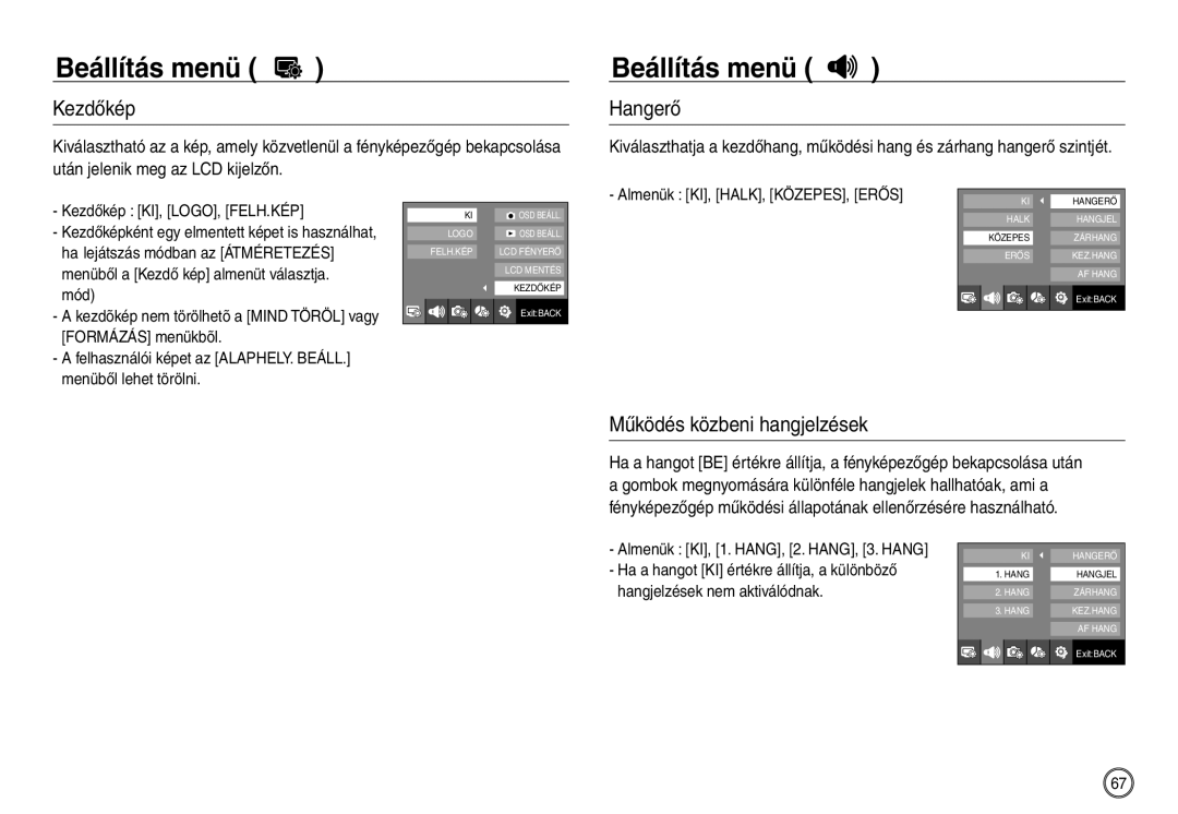 Samsung EC-NV40ZSBA/E1, EC-NV40ZBBA/FR, EC-NV40ZSDA/E3, EC-NV40ZBDA/E3 manual Kezdőkép, Hangerő, Működés közbeni hangjelzések 