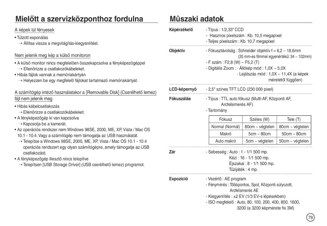 Samsung EC-NV40ZBBA/IT, EC-NV40ZBBA/FR manual Mûszaki adatok, Képek túl fényesek, Nem jelenik meg kép a külső monitoron 