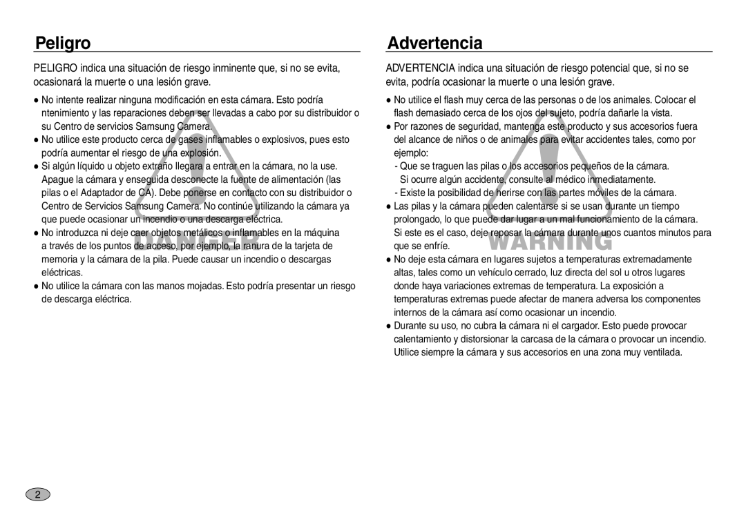 Samsung EC-NV40ZSBB/E1, EC-NV40ZBBA/FR, EC-NV40ZSDA/E3, EC-NV40ZBDA/E3, EC-NV40ZSBA/E1, EC-NV40ZBBC/E1 Peligro, Advertencia 