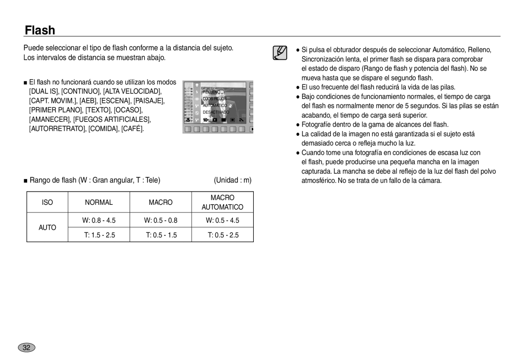 Samsung EC-NV40ZBBB/E1, EC-NV40ZBBA/FR, EC-NV40ZSDA/E3, EC-NV40ZBDA/E3 manual Flash, Rango de flash W Gran angular, T Tele 