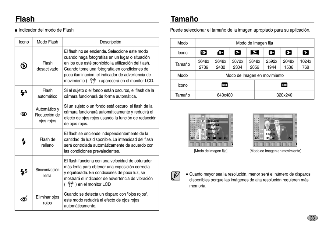 Samsung EC-NV40ZSBC/E1, EC-NV40ZBBA/FR, EC-NV40ZSDA/E3, EC-NV40ZBDA/E3, EC-NV40ZSBB/E1 Tamaño, Indicador del modo de Flash 