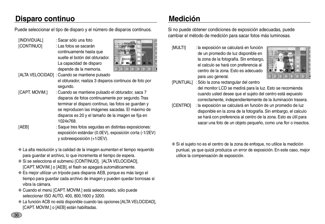 Samsung EC-NV40ZSDA/E3, EC-NV40ZBBA/FR, EC-NV40ZBDA/E3, EC-NV40ZSBB/E1, EC-NV40ZSBA/E1 manual Disparo continuo, Medición 