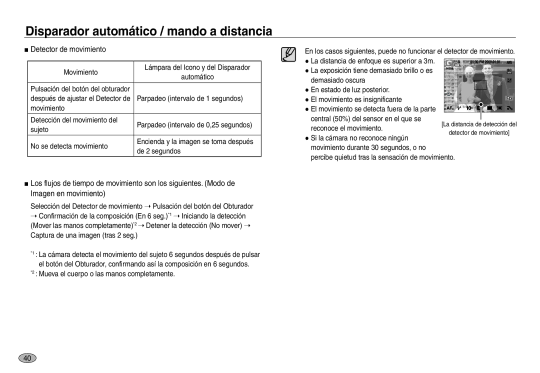 Samsung EC-NV40ZBBC/E1, EC-NV40ZBBA/FR, EC-NV40ZSDA/E3, EC-NV40ZBDA/E3, EC-NV40ZSBB/E1, EC-NV40ZSBA/E1 Detector de movimiento 