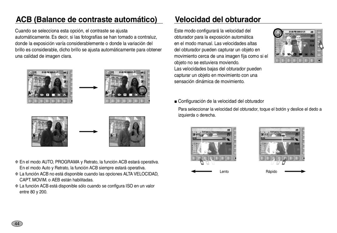 Samsung EC-NV40ZBBA/FR, EC-NV40ZSDA/E3, EC-NV40ZBDA/E3 manual ACB Balance de contraste automático, Velocidad del obturador 