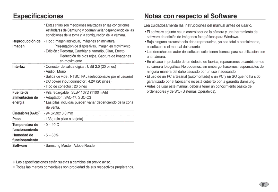 Samsung EC-NV40ZSDA/E3, EC-NV40ZBBA/FR, EC-NV40ZBDA/E3, EC-NV40ZSBB/E1, EC-NV40ZSBA/E1 manual Notas con respecto al Software 