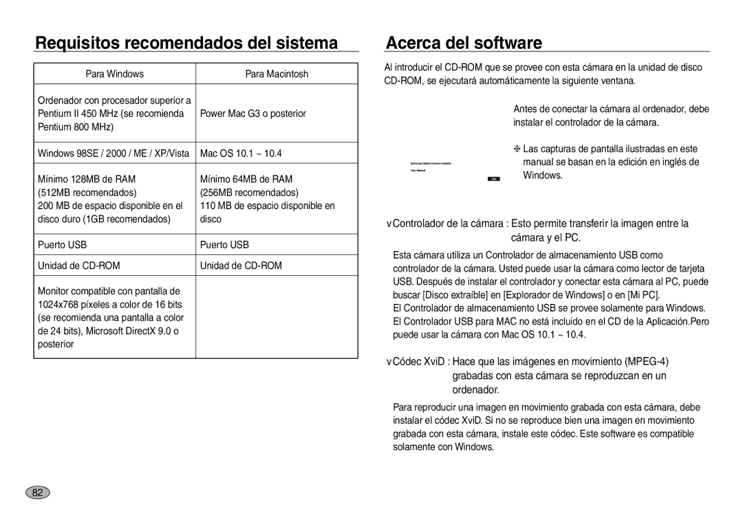 Samsung EC-NV40ZBDA/E3, EC-NV40ZBBA/FR, EC-NV40ZSDA/E3 manual Requisitos recomendados del sistema, Acerca del software 