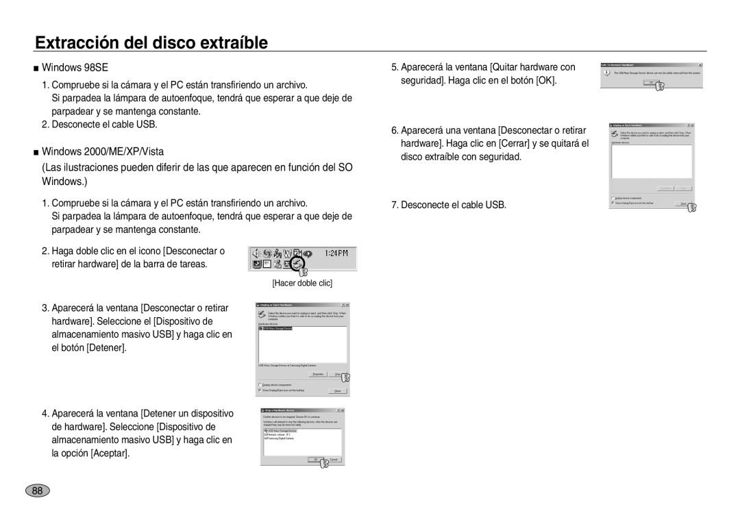 Samsung EC-NV40ZBBA/AS, EC-NV40ZBBA/FR, EC-NV40ZSDA/E3, EC-NV40ZBDA/E3 manual Extracción del disco extraíble, Windows 98SE 