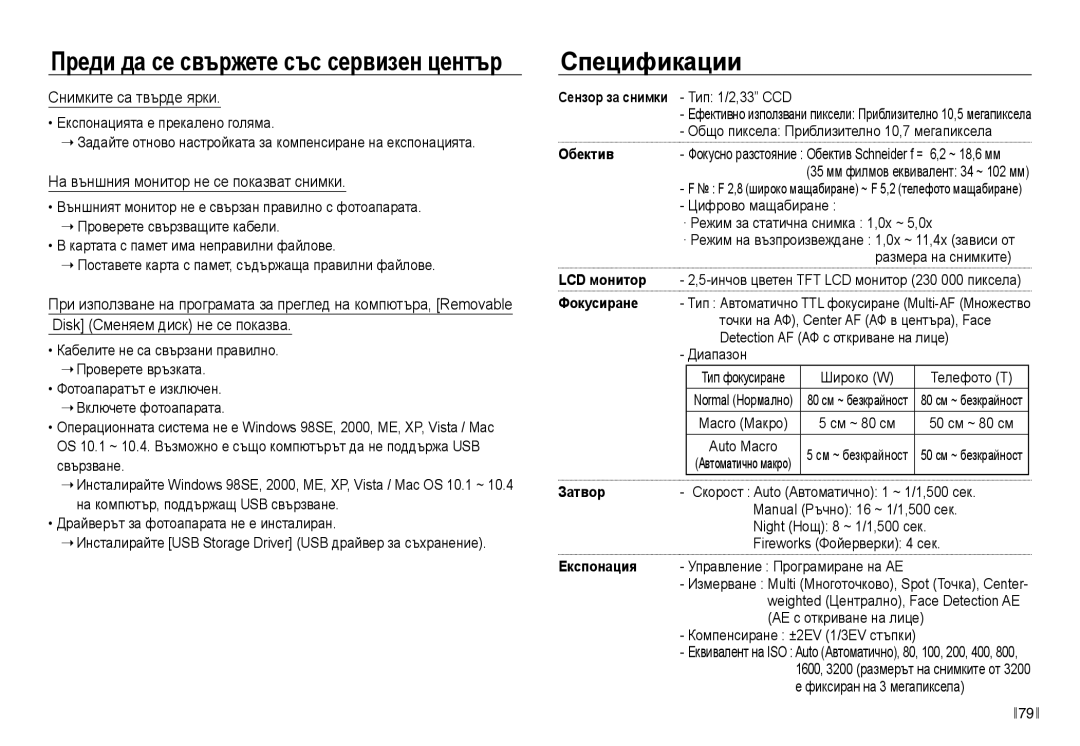 Samsung EC-NV40ZBDA/E3 manual Спецификации, Снимките са твърде ярки, На външния монитор не се показват снимки 